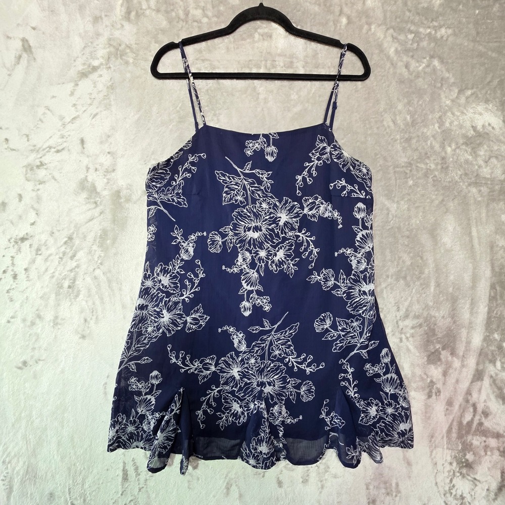 Row A Navy Blue Floral Chiffon Mini Dress Large Ruffle Hem Spaghetti Strap
